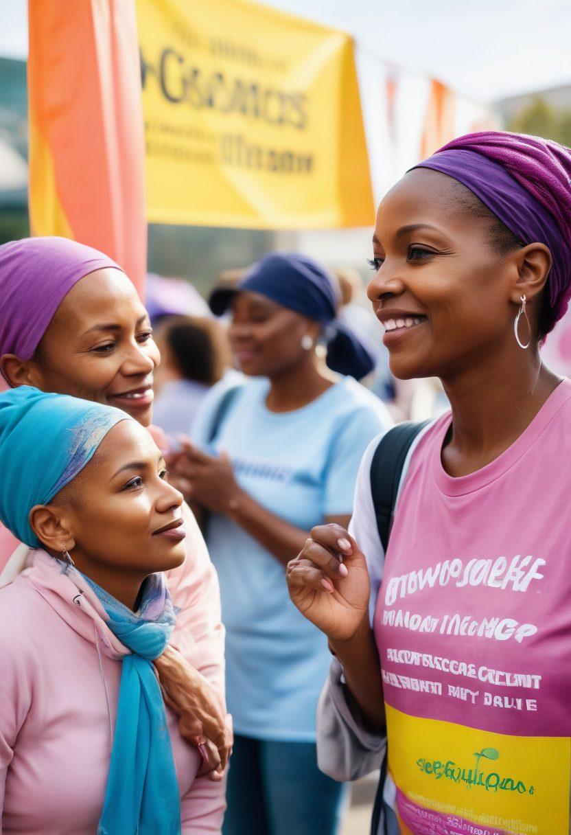 A diverse group of individuals, including cancer survivors and supporters, actively engaging in a community event, surrounded by colorful banners promoting awareness and wellness. Incorporate elements like informational booths, pamphlets, and supportive gestures. The atmosphere should be warm and inviting, capturing a sense of unity and empowerment. Include soothing colors that evoke hope and resilience. super-realistic. vibrant colors. community spirit.