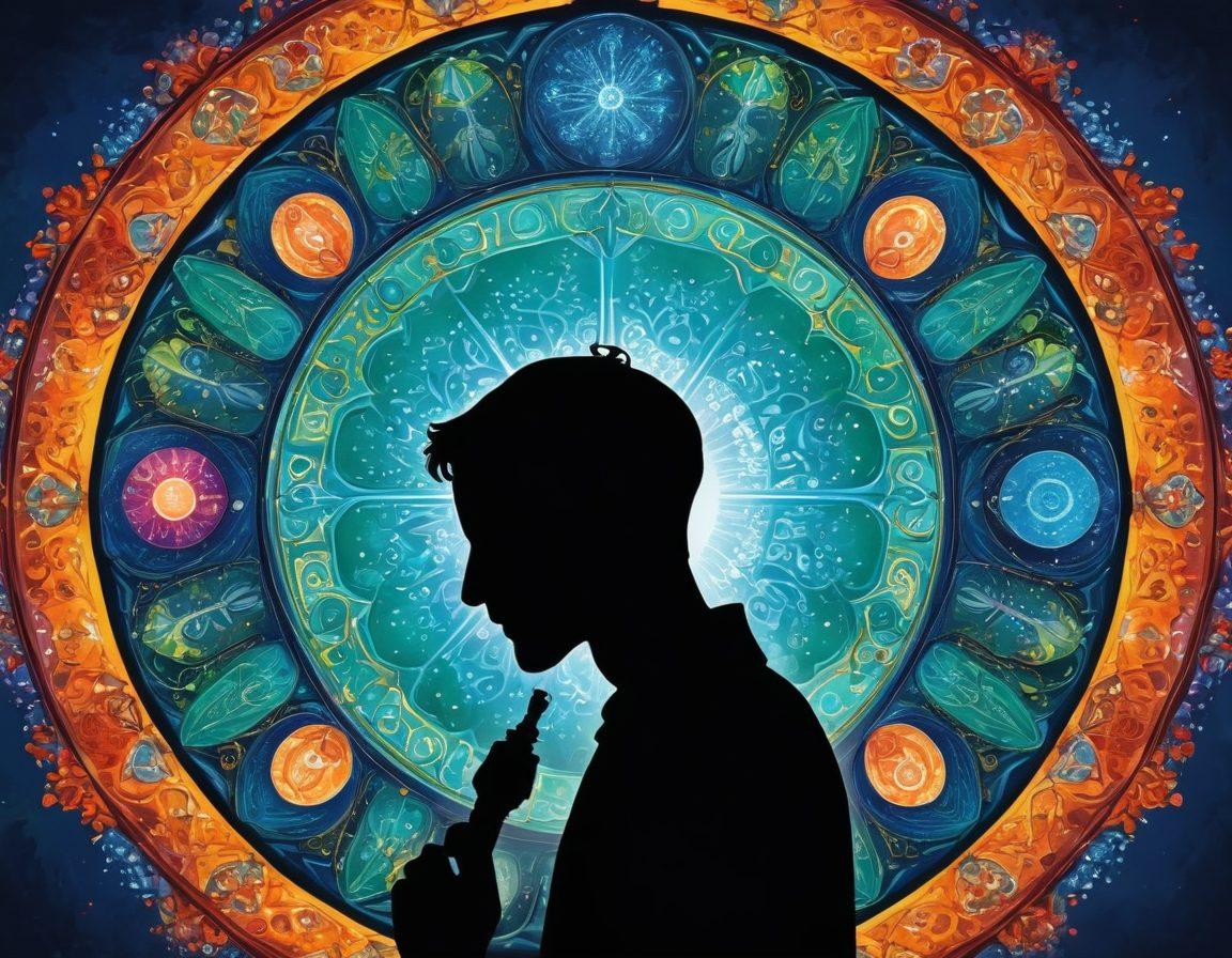 A silhouette of a person looking through a kaleidoscope, symbolizing diverse treatment options for cancer. Surround them with icons representing research (microscope, books) and education (graduation cap, lightbulb). Paint a background with healing colors like soft blues and greens, suggesting tranquility and hope. Include gentle rays of light emanating from the kaleidoscope, symbolizing enlightenment and discovery. super-realistic. vibrant colors.