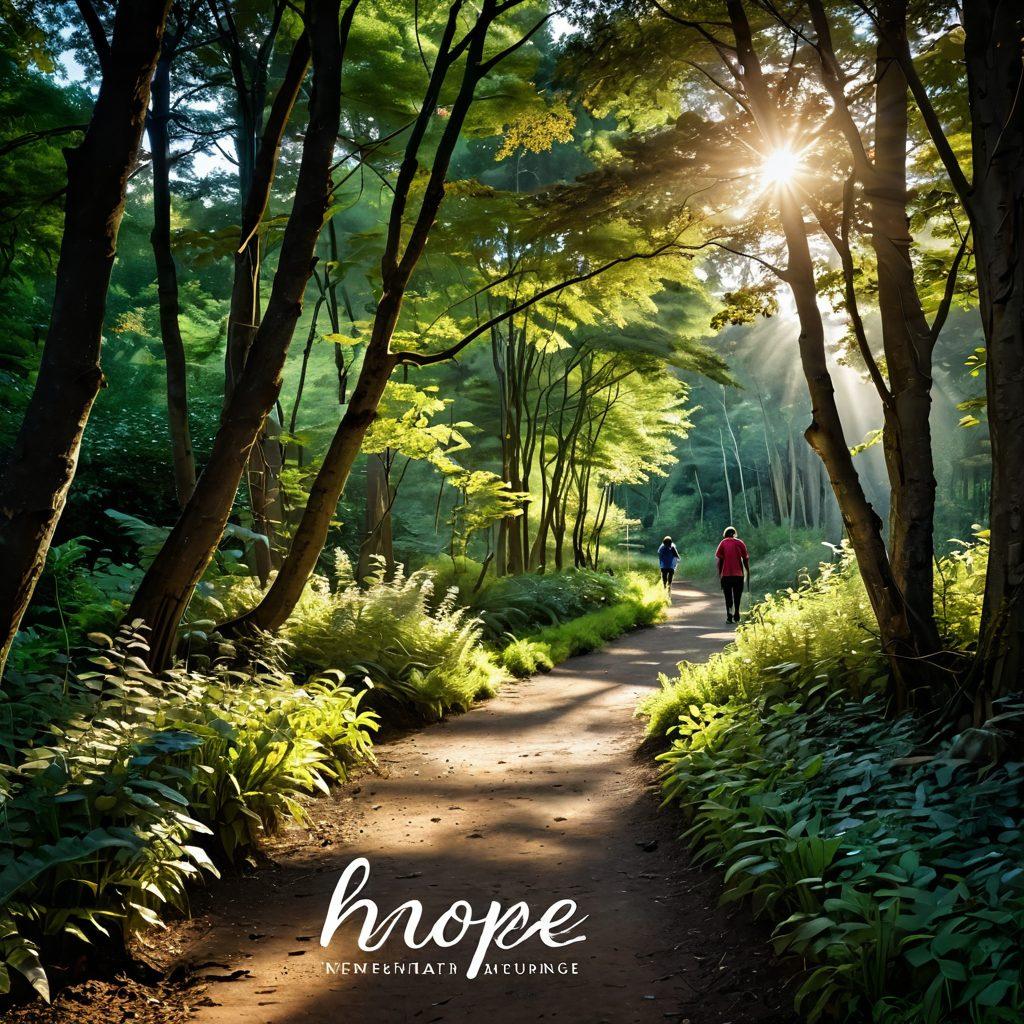 A serene path winding through a lush forest symbolizing a journey, with gentle sunlight filtering through the trees. Alongside the path are signs displaying empowering words like 'Hope', 'Strength', and 'Support'. Interspersed are silhouettes of patients and caregivers walking together, showcasing unity and resilience. Incorporate soft, warm colors to evoke a sense of tranquility and encouragement. super-realistic. vibrant colors. nature-inspired.